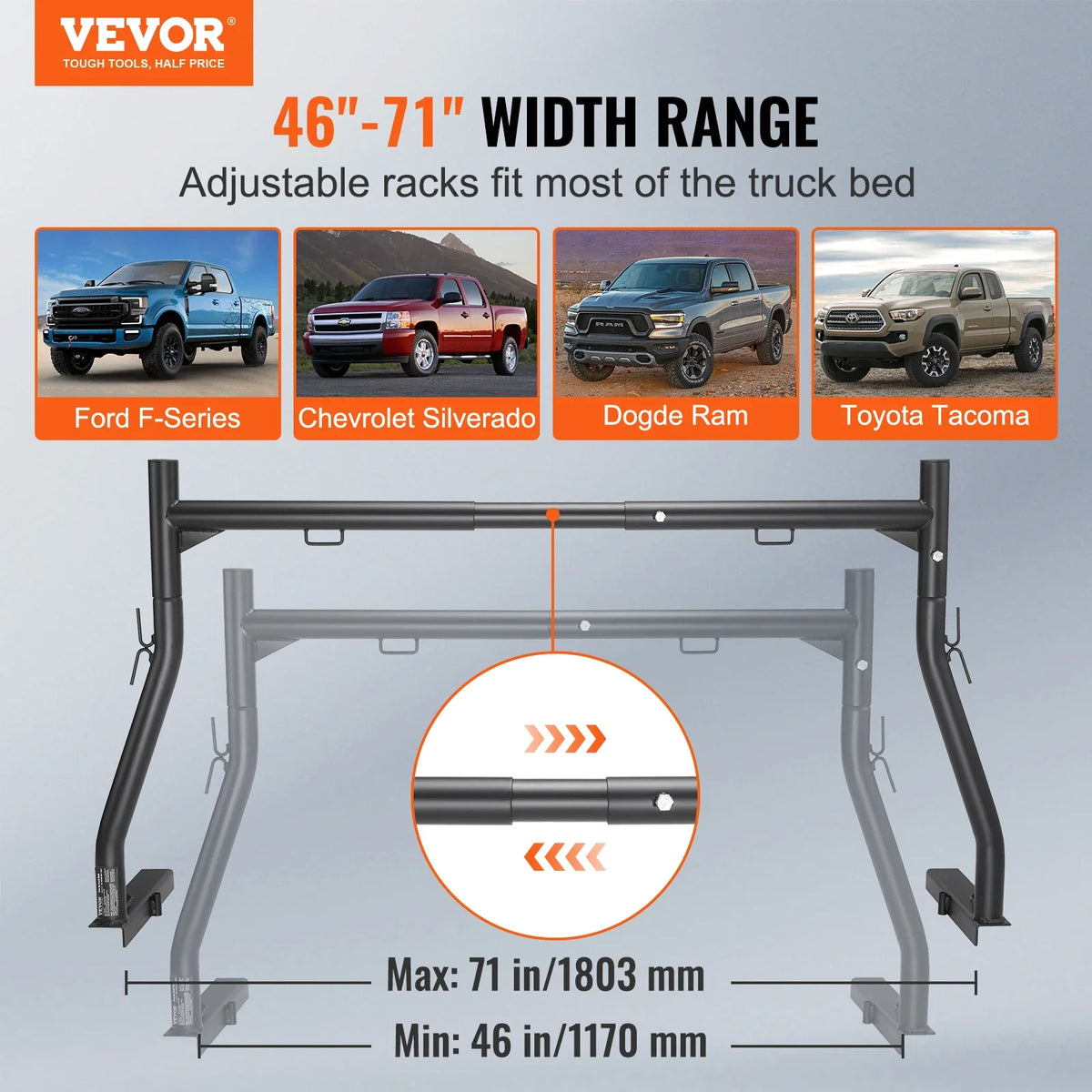 46-71inch Extendable Truck Ladder Rack 800 lbs Capacity Steel Rack for Truck with Non-Drilling J-bolts for Kayak Surfboard