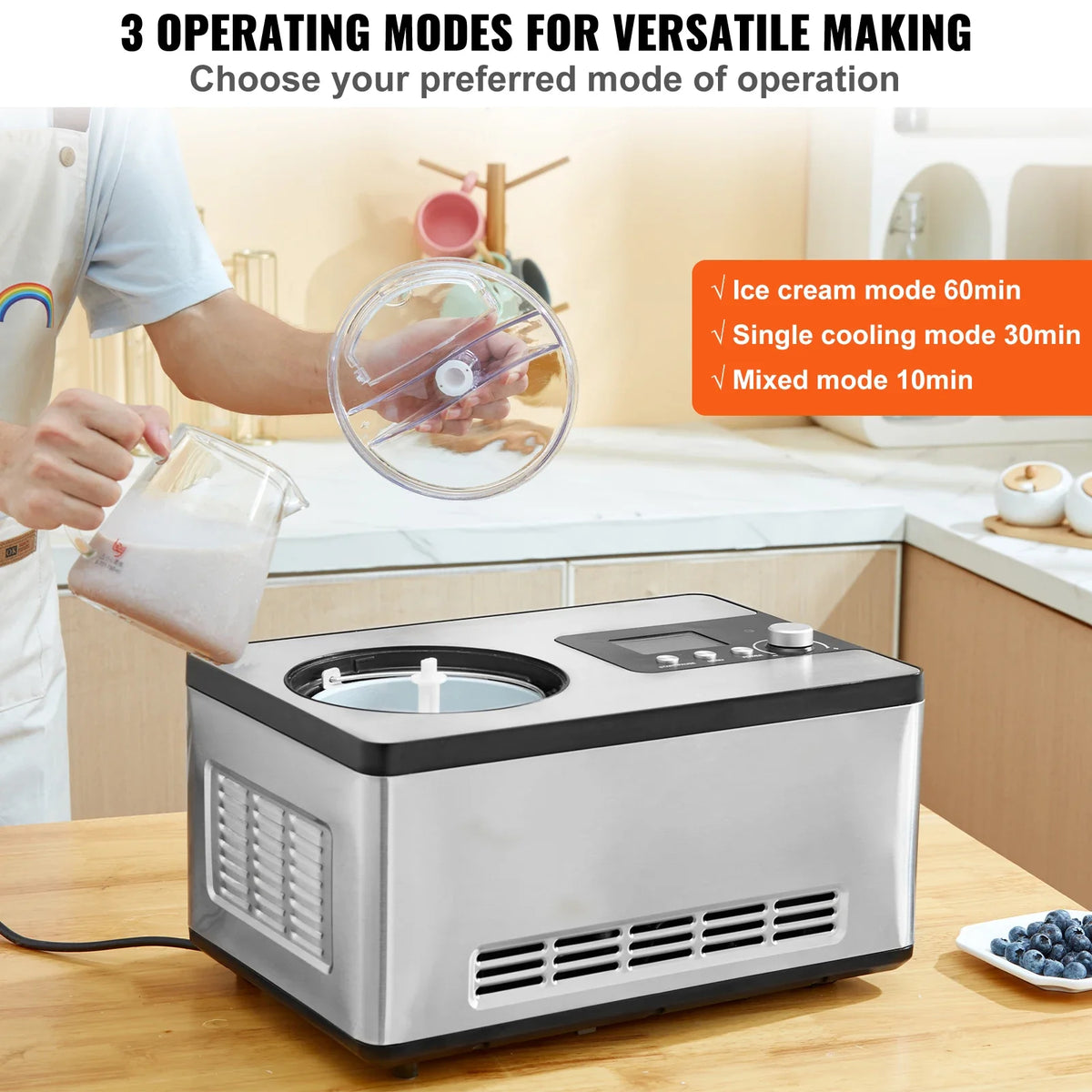 Automatic Ice Cream Maker with Built-in Compressor 2 Quart No Pre-freezing Fruit Yogurt Machine Electric Sorbet Maker