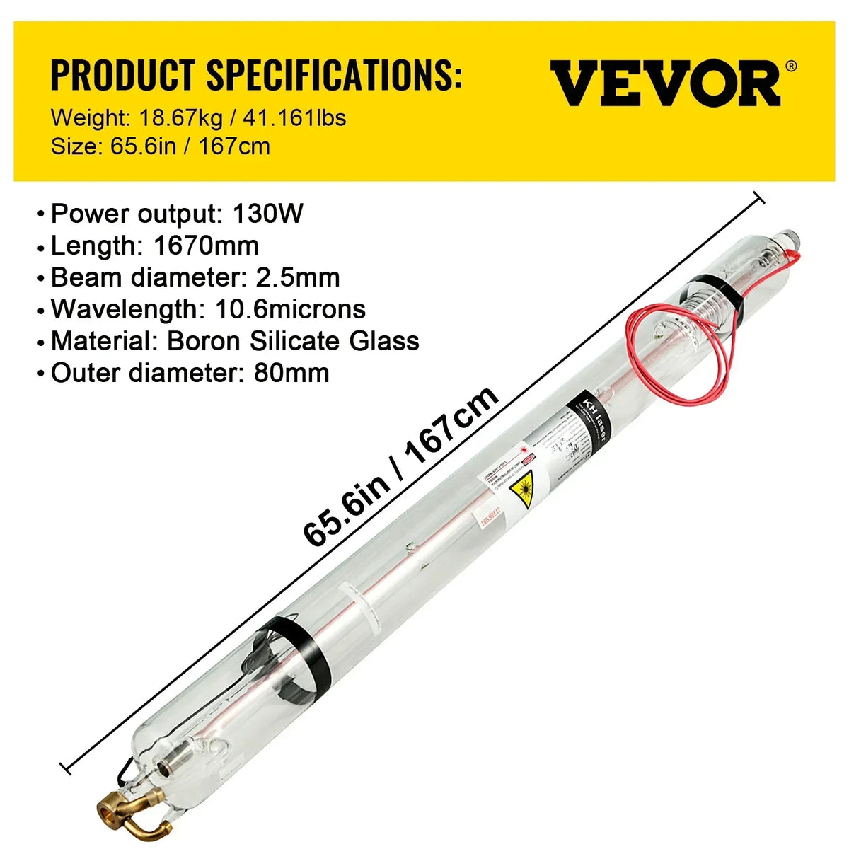 CO2 Laser Tube 40-150W 80mm Glass Dia, 700-1830mm Length High-Power Engraving Cutting Machine Long Service Life