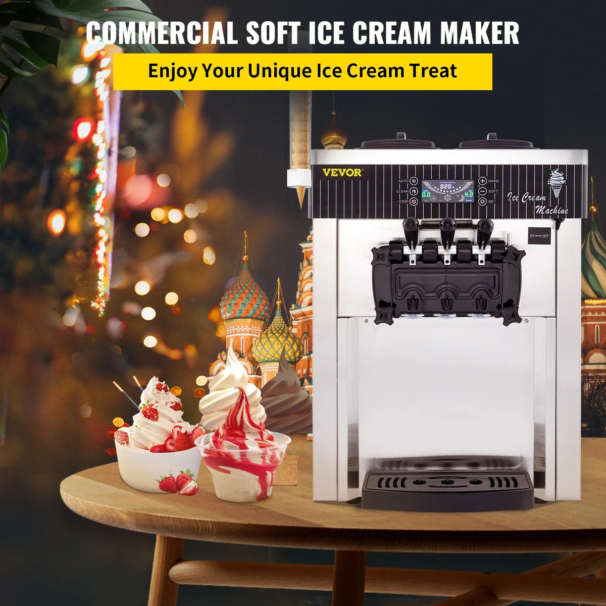 Commercial Ice Cream Machine 5.3 to 7.4Gal per Hour Soft Serve with LED Display Auto Clean 3 Flavors for Restaurants,2200W