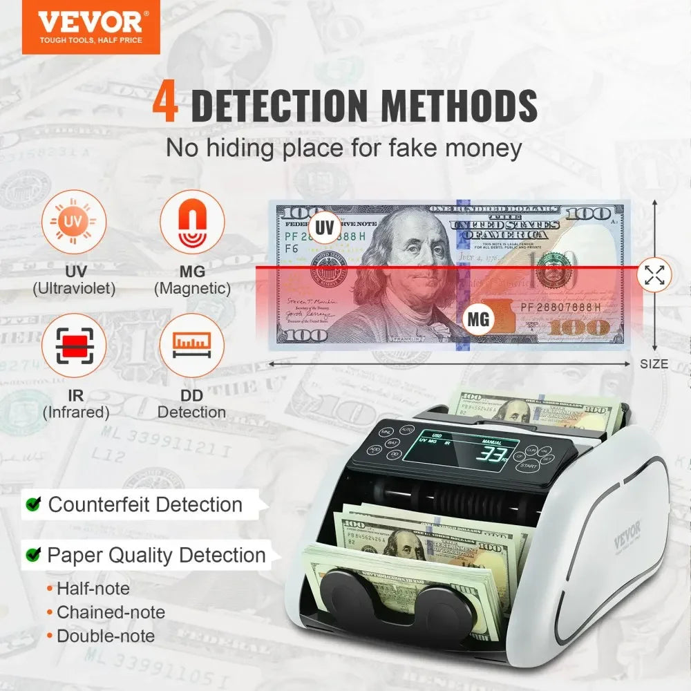 1000 Pcs/Min Money Counter Business Cash Register Bills Counterfeit Bill Detector by UV/MG/IR/DD Function for Bank Store