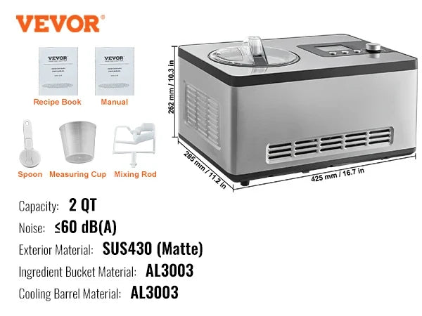 Automatic Ice Cream Maker with Built-in Compressor 2 Quart No Pre-freezing Fruit Yogurt Machine Electric Sorbet Maker