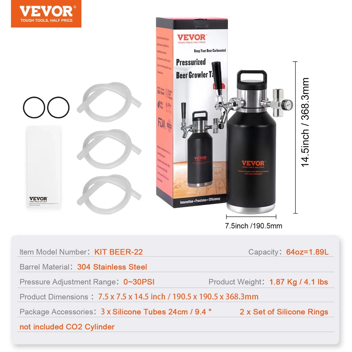 Beer Growler Tap System, 64/128 Oz Mini Keg,304 Stainless Steel Pressurized Beer Growler, Keg Growler w/ Pressure Display
