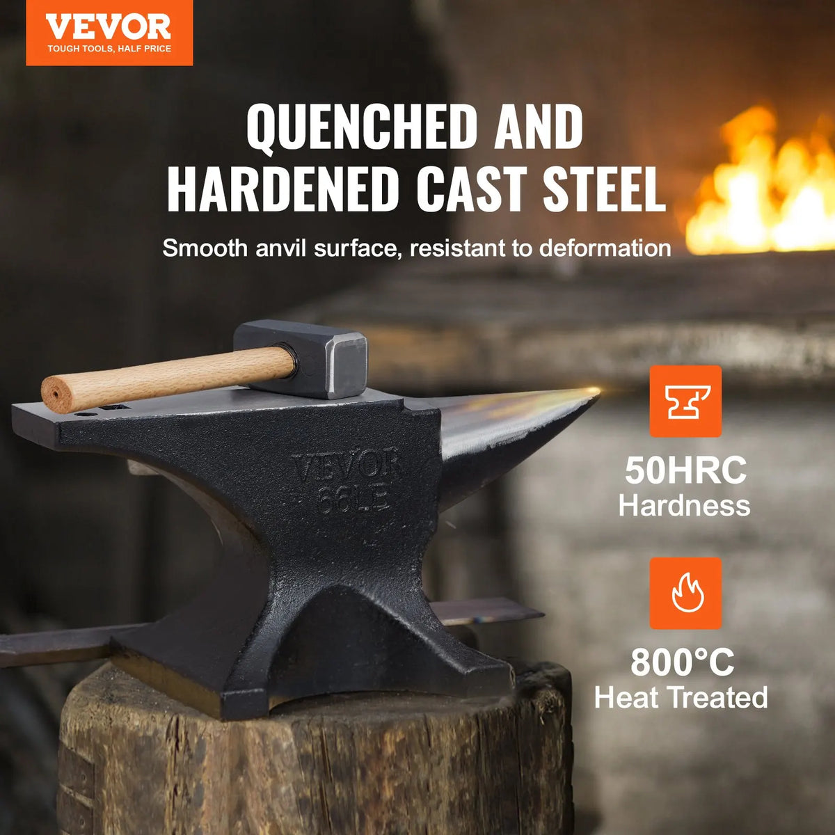 Single Horn Anvil,9/22/66 Lbs Cast Steel Anvil High Hardness Rugged Round Horn Anvil Blacksmith with Round and Square Hole