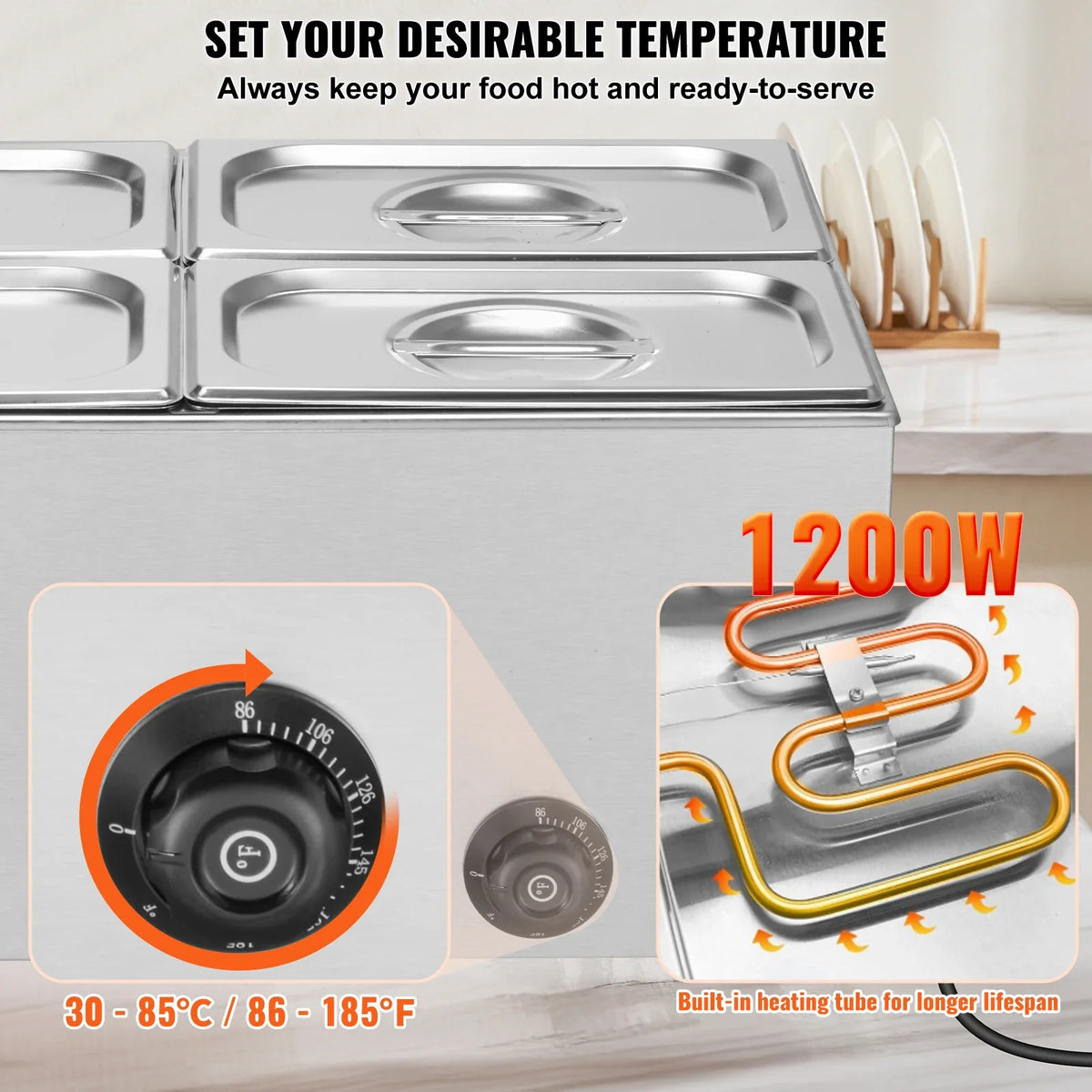 4-Pan Commercial Food Warmer, 15.9QT Electric Steam Table, 1200W Professional Countertop Stainless Steel Buffet Bain Marie