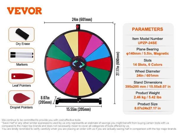 18/24/36 inch Spinning Prize Wheel 14 Slots Spinning Wheel Tabletop or Floor Standing Win Fortune Spin Games in Party Pub