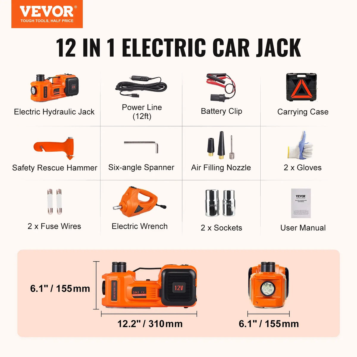 Electric Car Jack, 5 Ton/11023 LBS Hydraulic Jack Lift with Electric Impact Wrench, Built-in Inflatable Pump