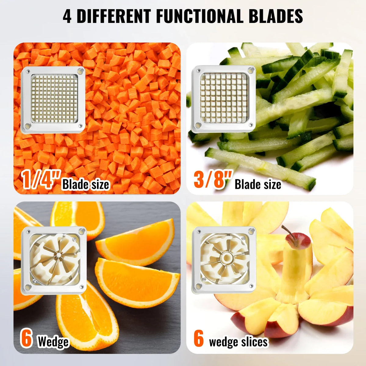 Commercial French Fry Cutter w/ 4 Replacement Blades, Different sizes Blade Chopper, 6-wedge Slicer & 6-wedge Apple Corer