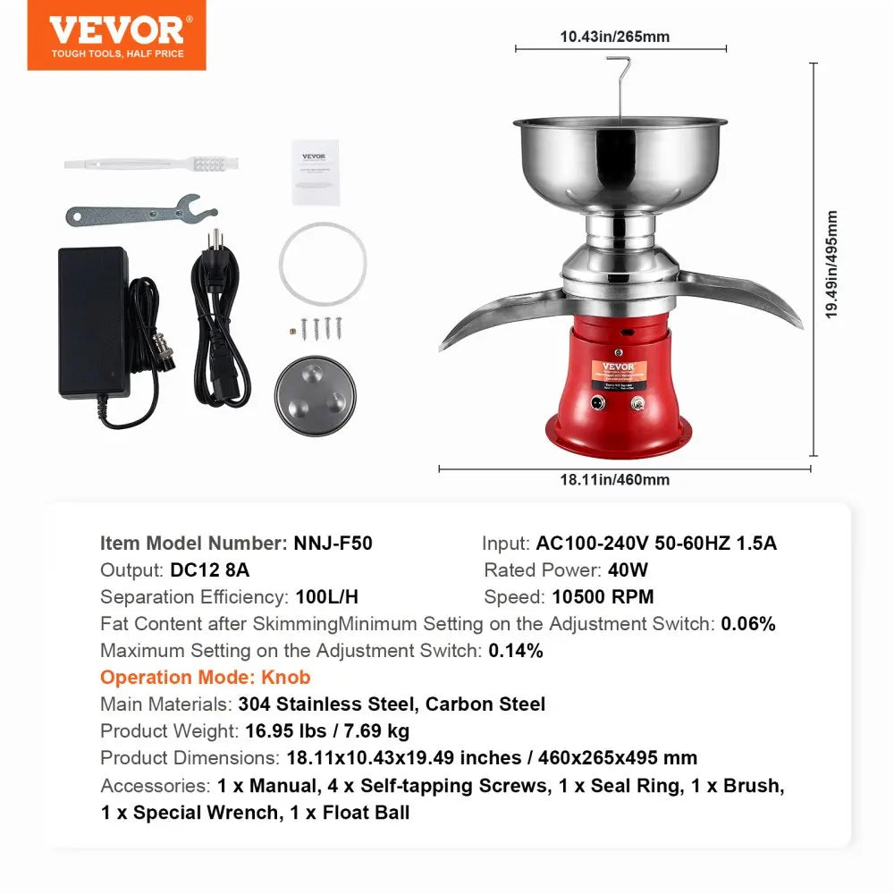 100L/H Electric Milk Cream Separator, Commercial/Household Stainless Steel Centrifugal Skimmer for Butter Making & Skimmin