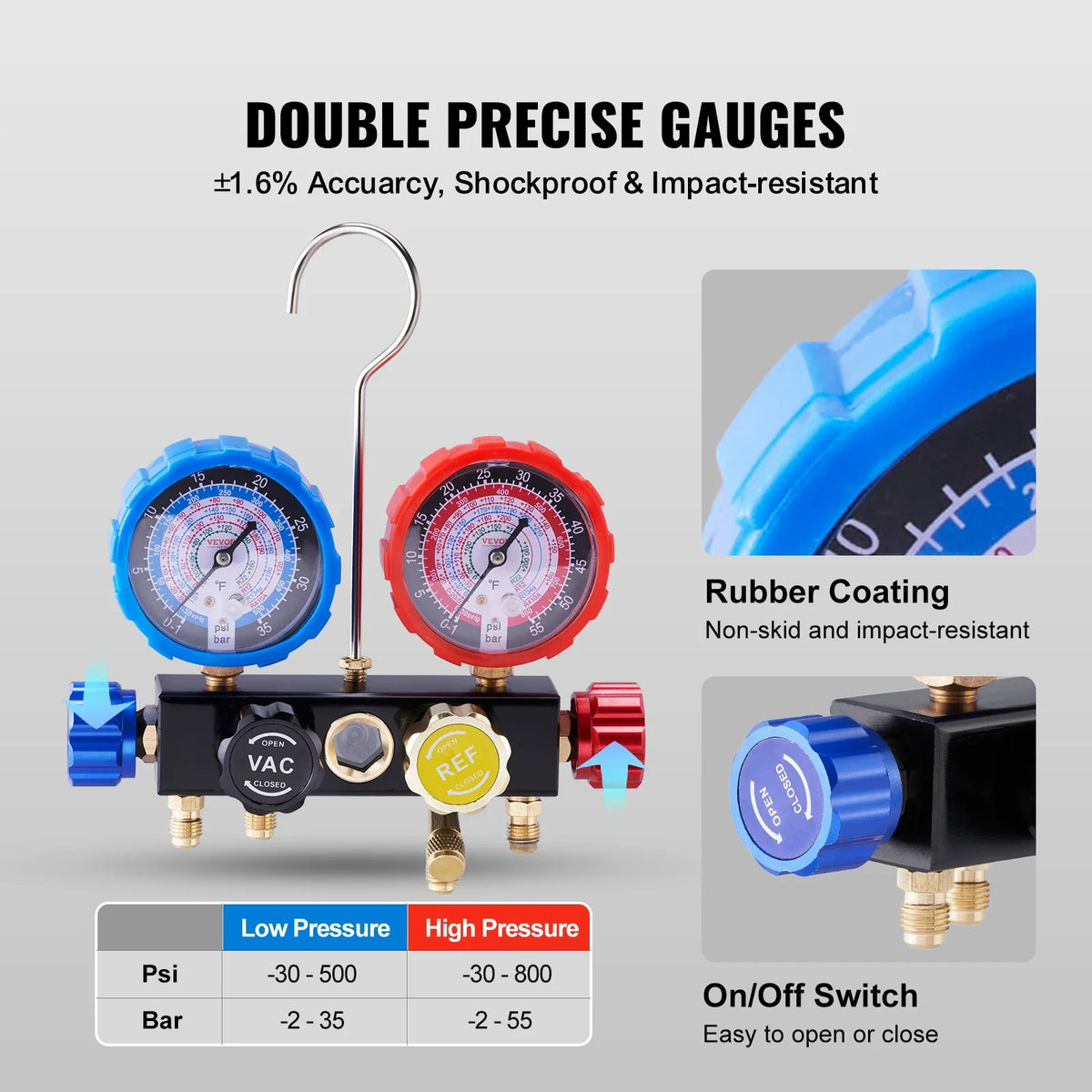 4 Way AC Gauge - AC Manifold Gauge Set for R134A R22 R12 R410A Refrigerant,Freon Gauges with 5ft Hoses, Couplers, Can Tap