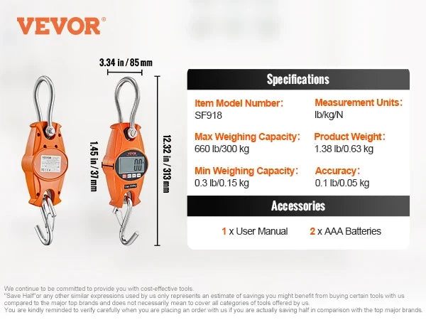 300/400 kg Digital Crane Scale Industrial Heavy Duty Handheld Hanging Scale with Hooks for Farm Hunting Outdoor Fishing