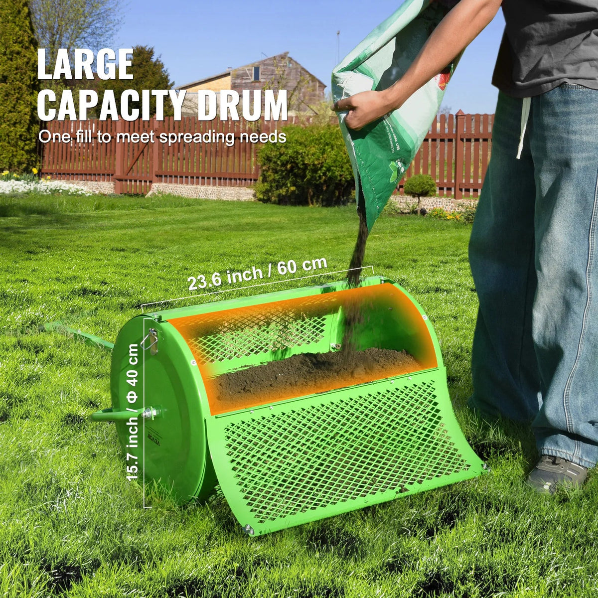 Compost Spreader and Peat Moss Spreader 24 in Push/Tow-Behind Roller Lawn Spreader with Height Adjustable T Shaped Handle