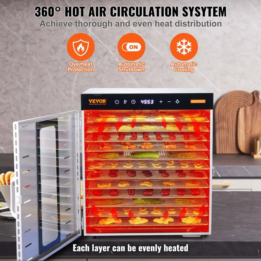 10 Trays Food Dehydrator Stainless Steel Machine 800W/1000W Household Vegetables Fruit Dryer with Digital Timer for Home