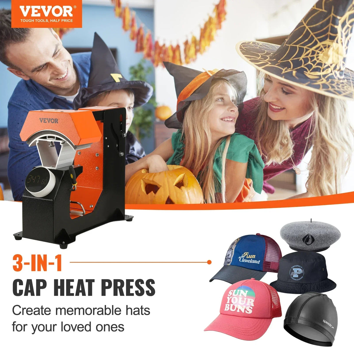 3-in-1 Auto Hat Heat Press 3pcs Interchangeable Platens Automatic Release Press Knob-Style Heat Transfer Printing for Caps