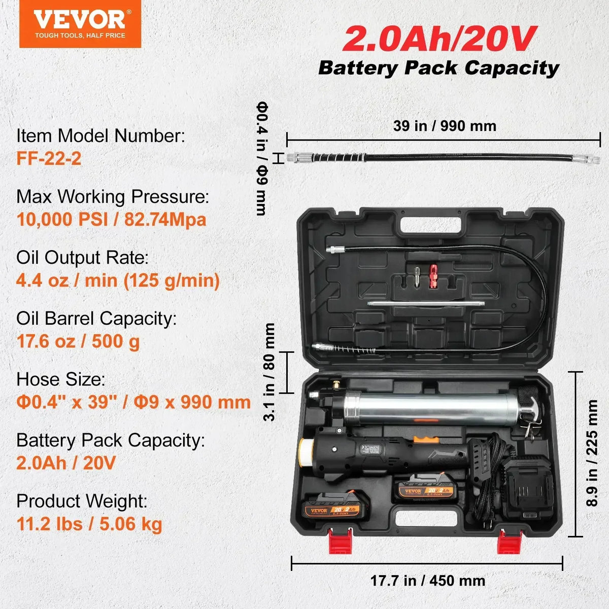 10000PSI 20-Volt Cordless Electric Grease Gun Kit Battery Powered with Two Batteries Carrying Case Charger Included