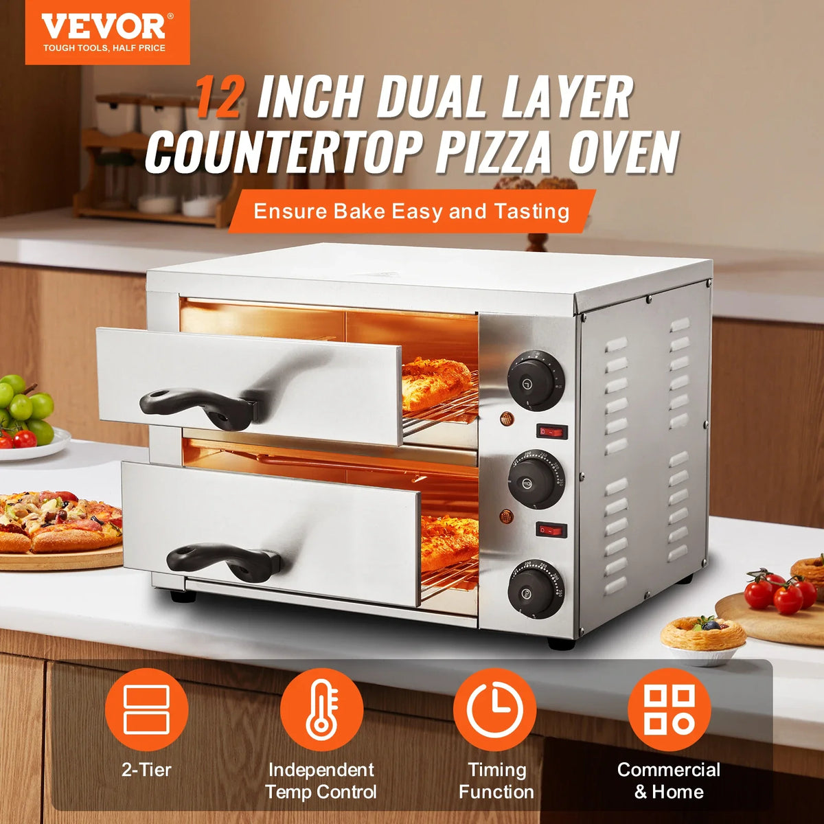 Electric Pizza Oven, 12-inch, 1700W, with Temp Control & 0-120 Min Timer, Even Baking Technology & Easy Clean Crumb Tray