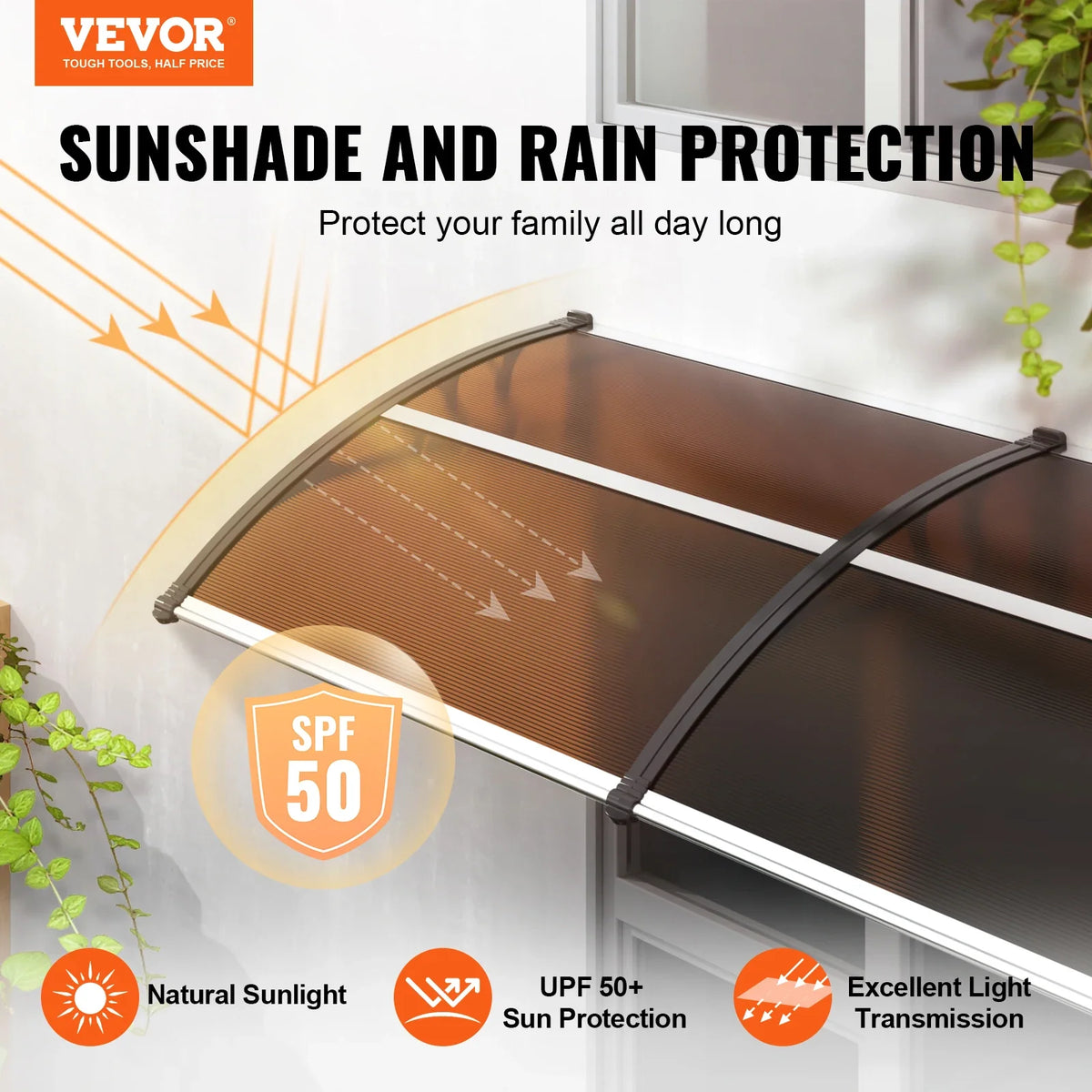 Window Door Awning Canopy 3 Sizes UPF 50+ Polycarbonate Entry Window Awning Front Door Overhang Awning for Sun Shutter