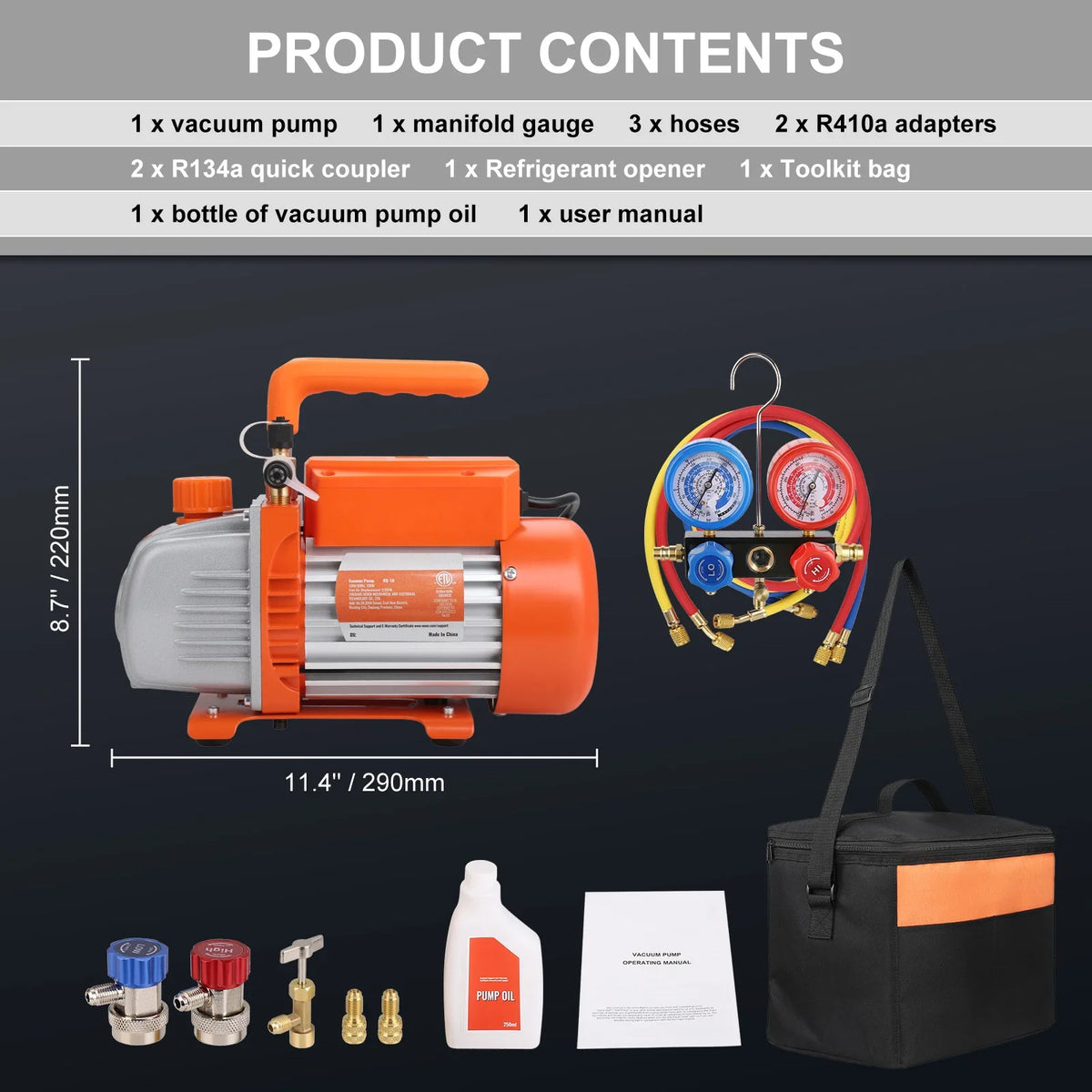 Vacuum Pump 1/5HP 3.5CFM Vacuum Pump and Manifold Gauge Set HVAC Single Stage Air Vacuum Pump for A/C Refrigerant Kits