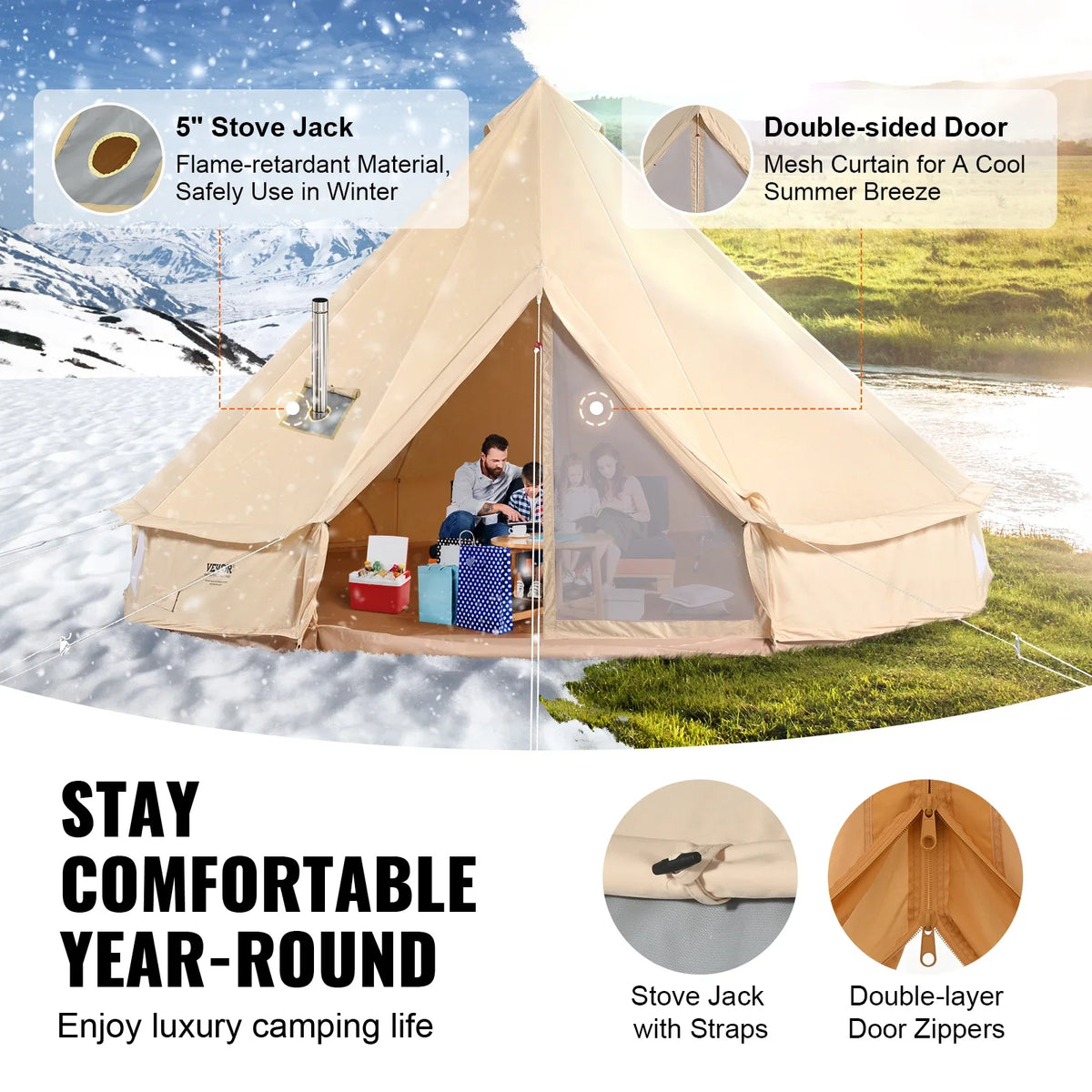 Canvas Bell Tent 4 Seasons Canvas Tent for Camping with Stove Jack Breathable Tent Family Camping Outdoor Hunting Party