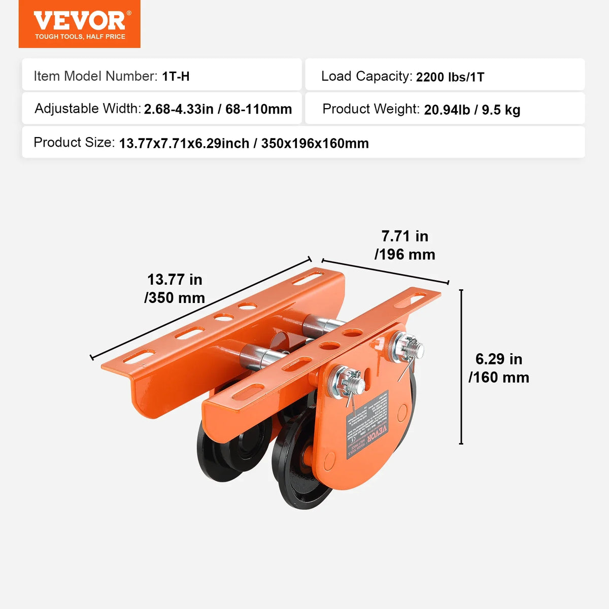 Electric Hoist Manual Trolley 0.5/1 Ton Capacity for PA200 PA250 PA300 PA400 PA500 Push Beam Trolley with Dual Wheels