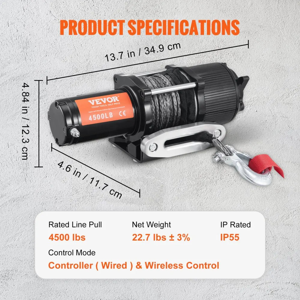 4500lbs Electric Winch ATV UTV Nylon Rope Winch with Wireless or Wired Remote for Towing Jeep Off-Road SUV Truck Car
