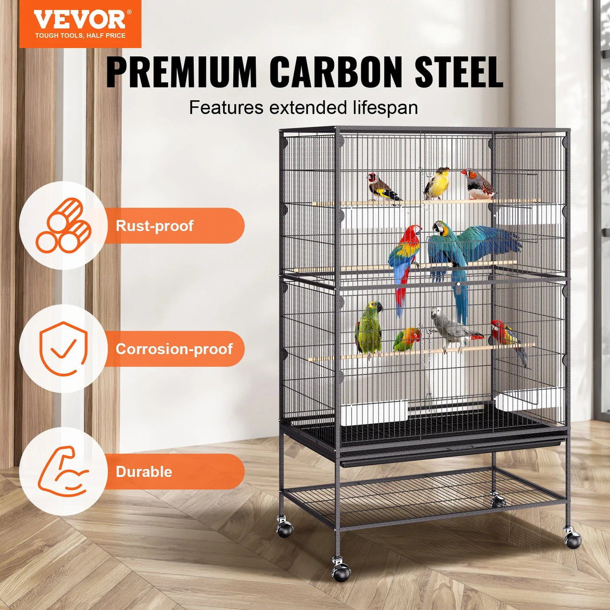 52inch Standing Large Bird Cage Carbon Steel Flight Bird Cage for Parakeets/Cockatiels/Parrots/Macaw with Rolling Stand