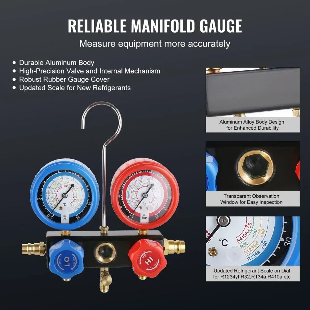 1/4 HP 4.5 CFM AC Vacuum Pump and Gauge Set, Single Stage  Air Vacuum Pump A/C Refrigerant Kit Manifold Gauge Set