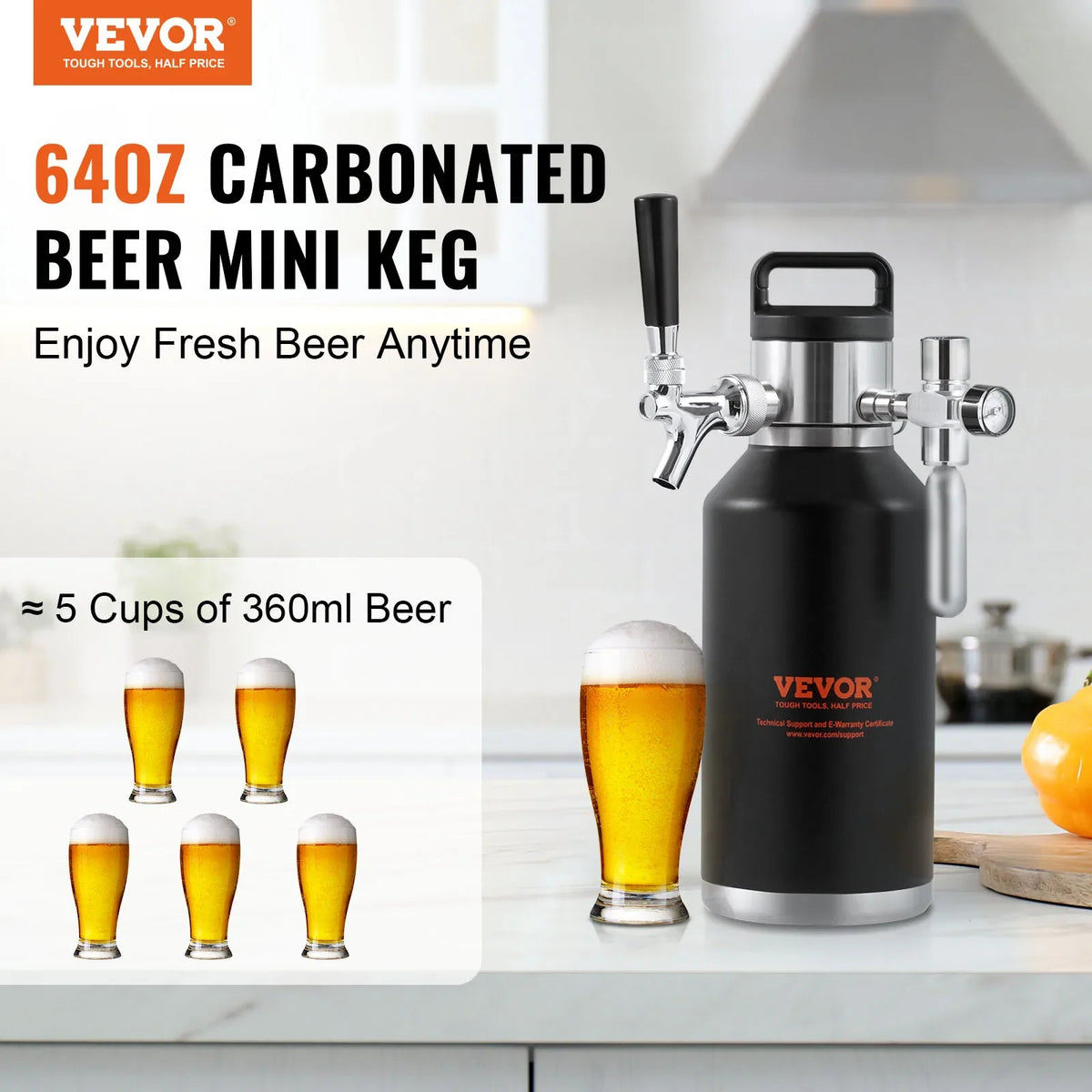 Beer Growler Tap System, 64/128 Oz Mini Keg,304 Stainless Steel Pressurized Beer Growler, Keg Growler w/ Pressure Display