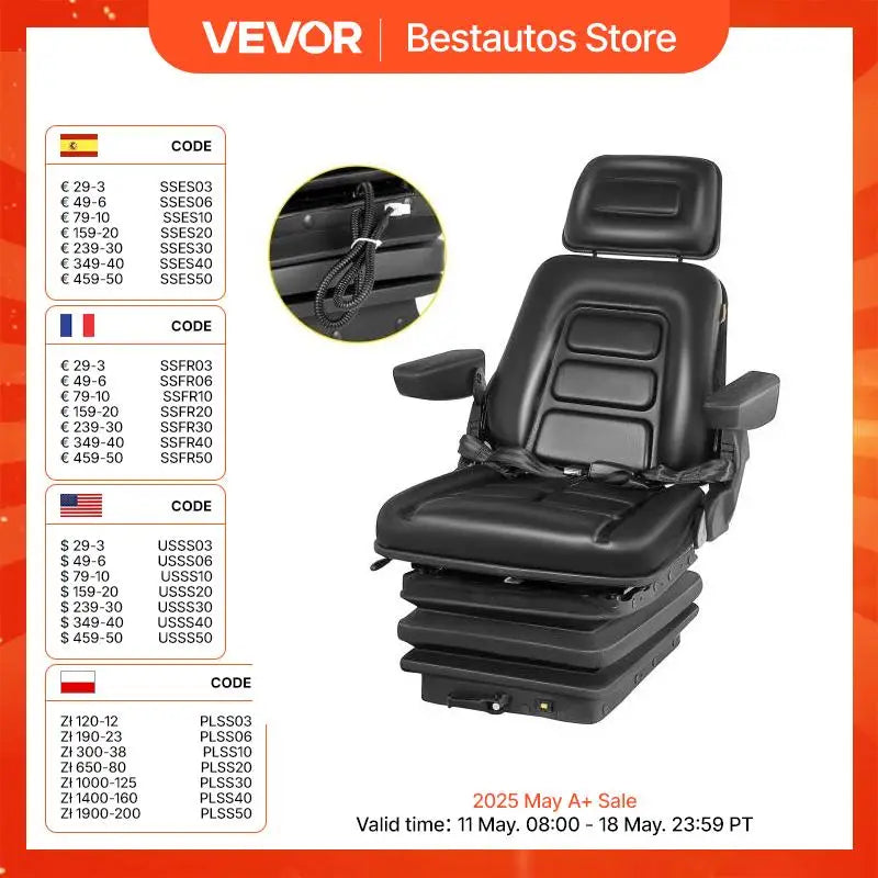 Replacement Tractor Seat Suspension Angel Adjustable with Seat Belt and Lock for Mowers Excavators Graders Wheel Loaders