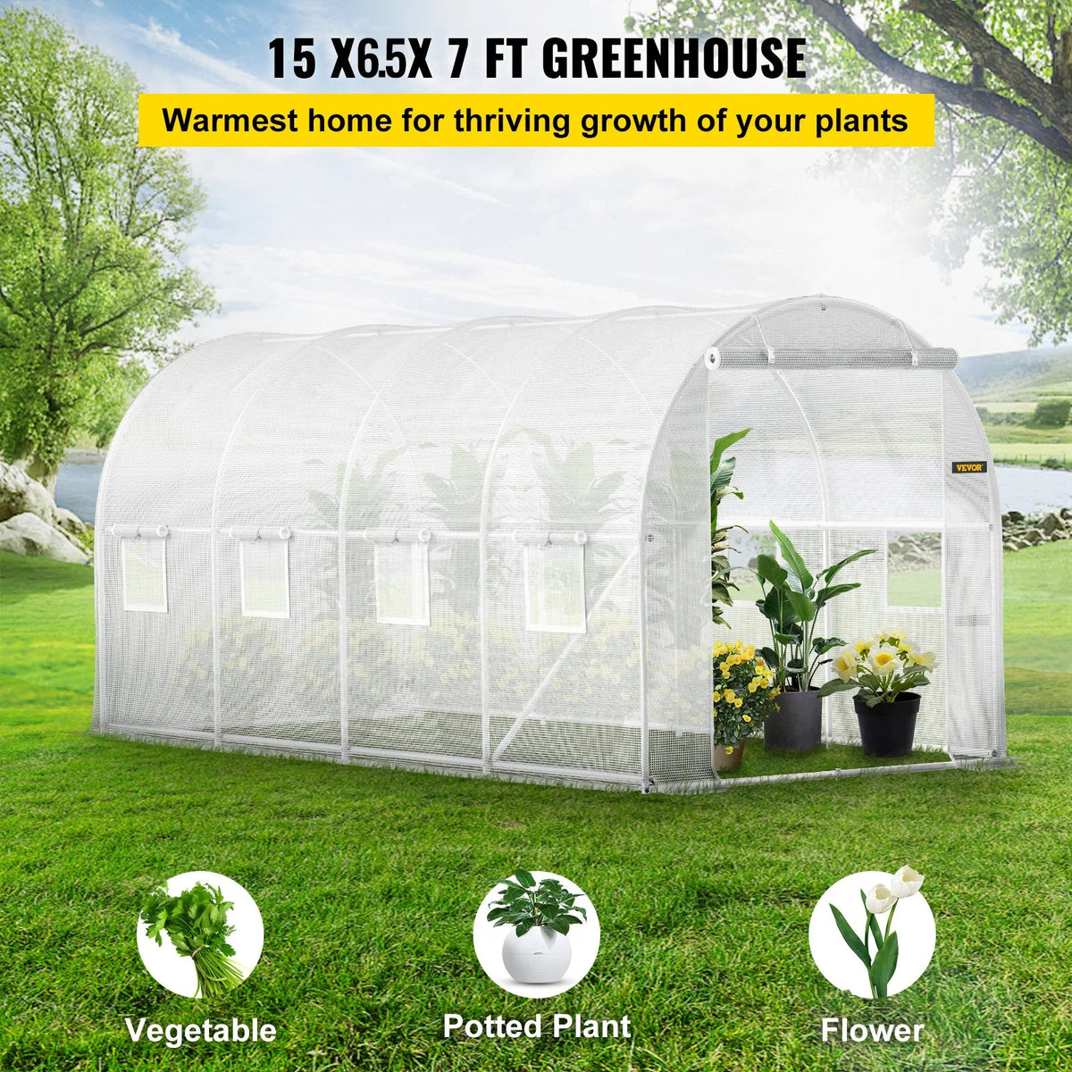 Walk-in Tunnel Greenhouse, 15 x 6.5 x 7 ft Portable Plant Hot House with Galvanized Steel Hoops, 1 Top Beam,Diagonal Poles