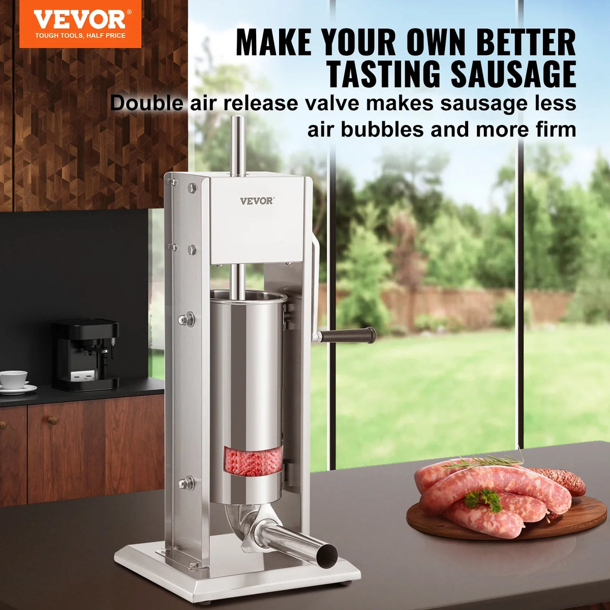3 5 7 L Manual Sausage Stuffer Stainless Steel Making Sausage Vertical Maker with 4 Filling Funnels for Home Commercia Use