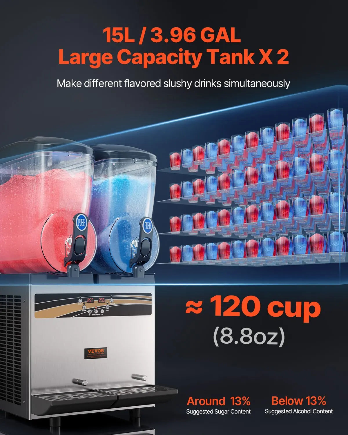 15Lx2 Commercial Slush Machine 1000W - 2-Tank Margarita Maker for Frozen Drinks, Smoothies, Bars, Restaurants & Home
