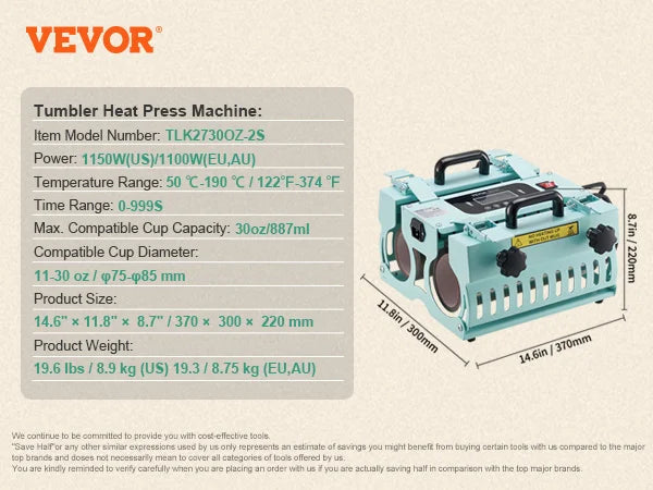 Tumbler Heat Press Machine 2 Station Heaters, 11-30oz Mug Press for Sublimation Tumblers, Cups,  Mugs