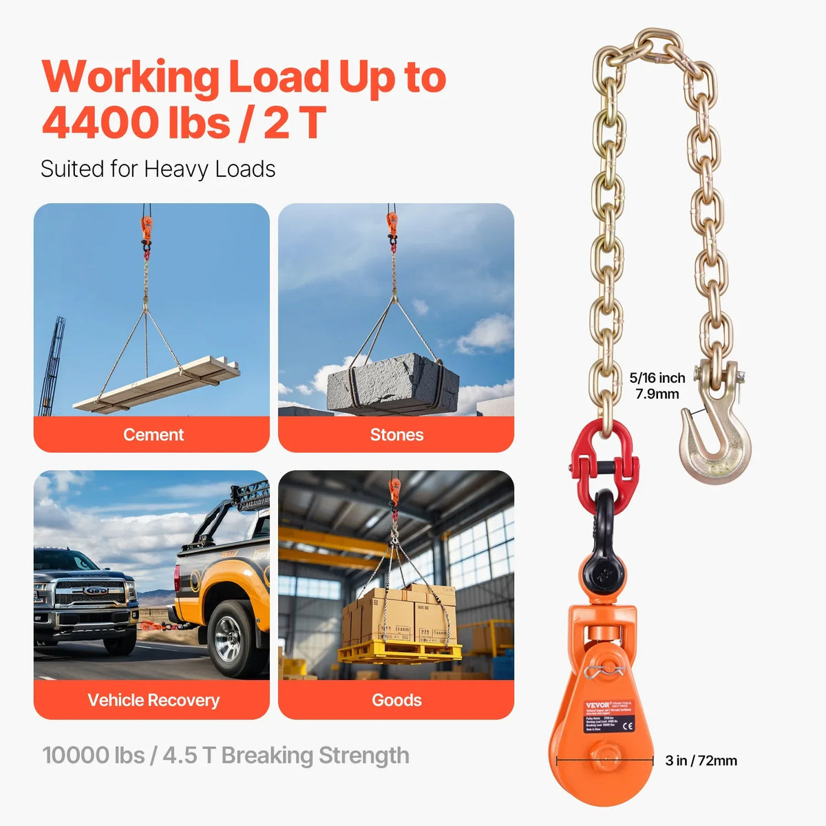 2T Snatch Block Pulley System with G80 Chain & Swivel Shackle 3" Sheave for 3/8" Rope Towing Recovery on Truck Rollback