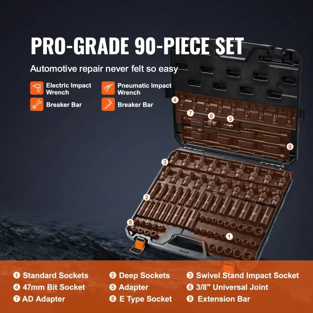 1/2" 3/8" Drive Impact Socket Set 13/23/33/34/48/65/90PCs SAE or Metric Cr-V/Cr-Mo Socket Set 6 Point Alloy Steel Repair