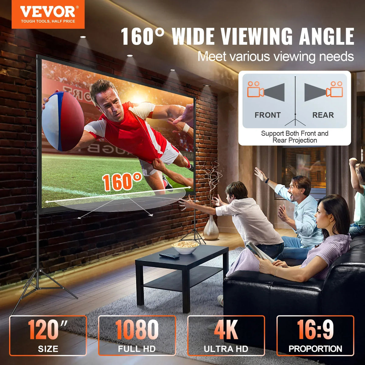 Projector Screen with Stand 120/150 inch 4K 1080 HD Outdoor Movie Screen for Home Theater Cinema Backyard Movie