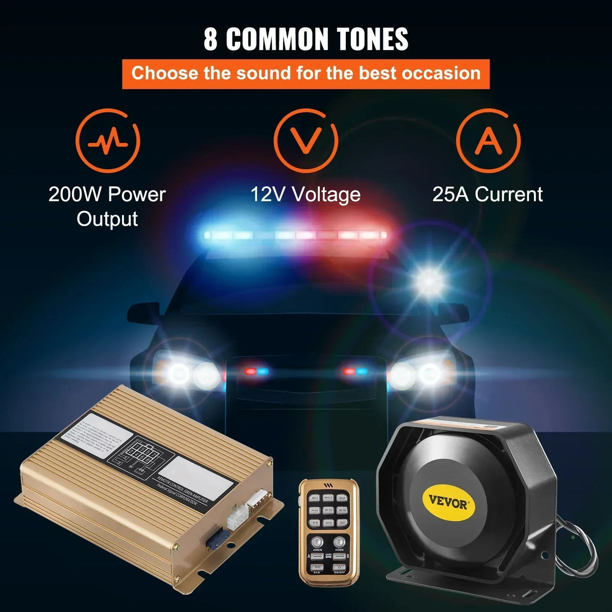 200W 8 Sound Loud Car Warning Police Fire Emergency Alarm Fire Siren 1 Horn PA Speaker MIC System Vehicle Siren Car Alarm