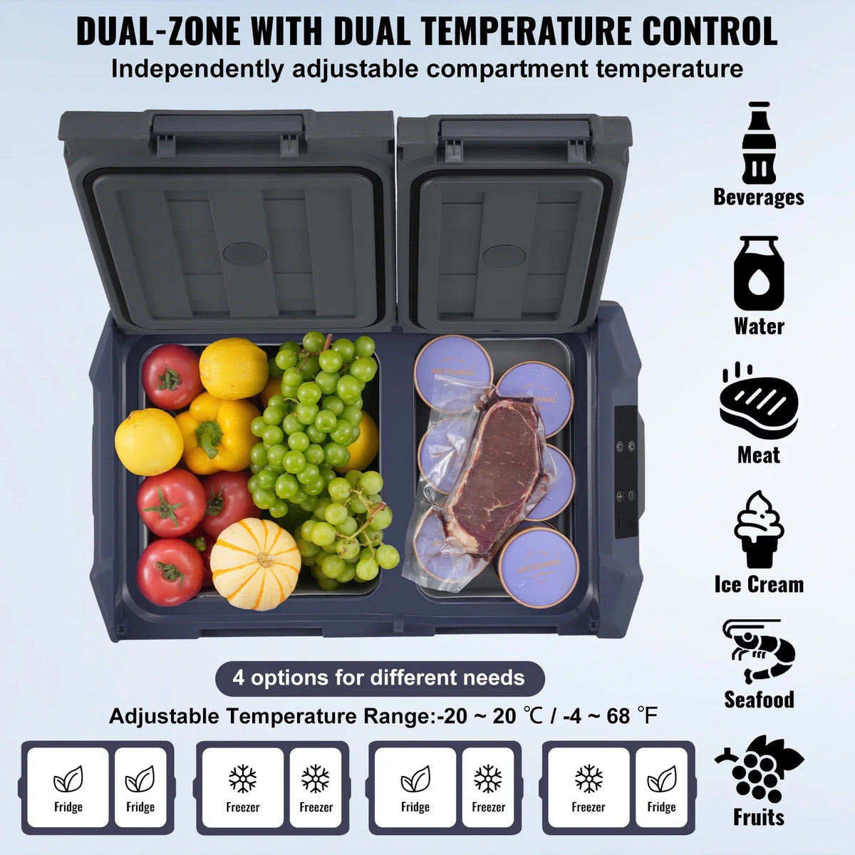 40L Car Refrigerator, 12V Car Fridge, Dual Zone Portable Freezer, -4℉-68℉, 12/24V DC and 100-240V AC Compressor Cooler