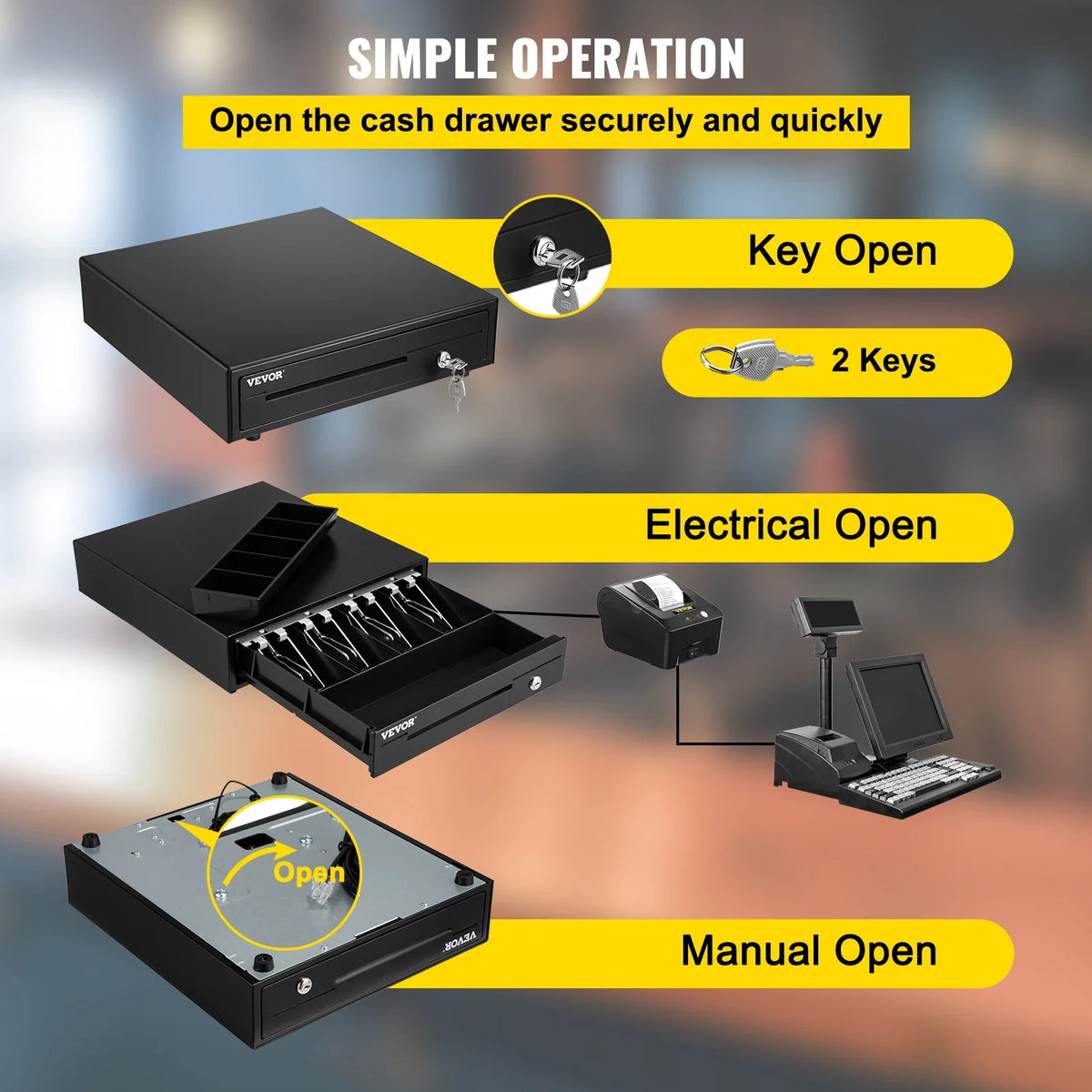 Cash Register Drawer 16" 12 V for POS System Tray Removable Coin Compartment & 2 Keys Included RJ11/RJ12 Cable Drawer