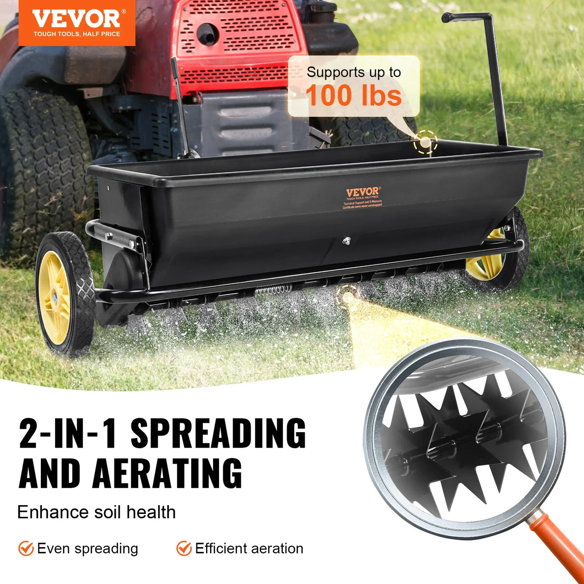Broadcast Spreader 100 LB 10inch Wheels Steel Spike Aerator For Residential Farm Tough Terrain Black