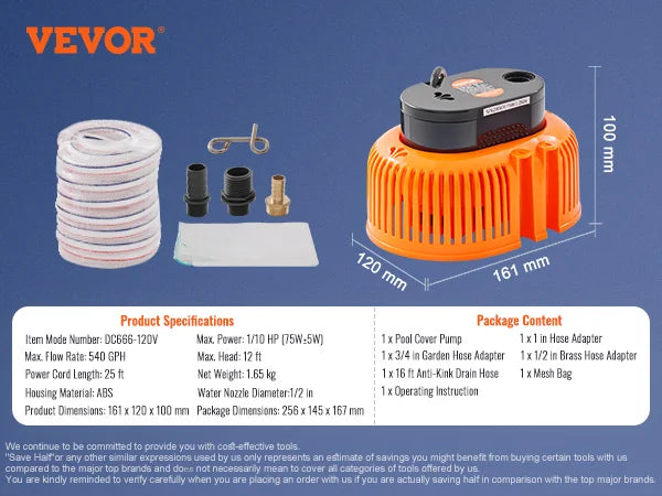 Automatic Pool Cover Pump 1/10HP 75W 540GPH 120V Submersible Swimming Pool Cover Pump Water Removal Pump for Pool Draining