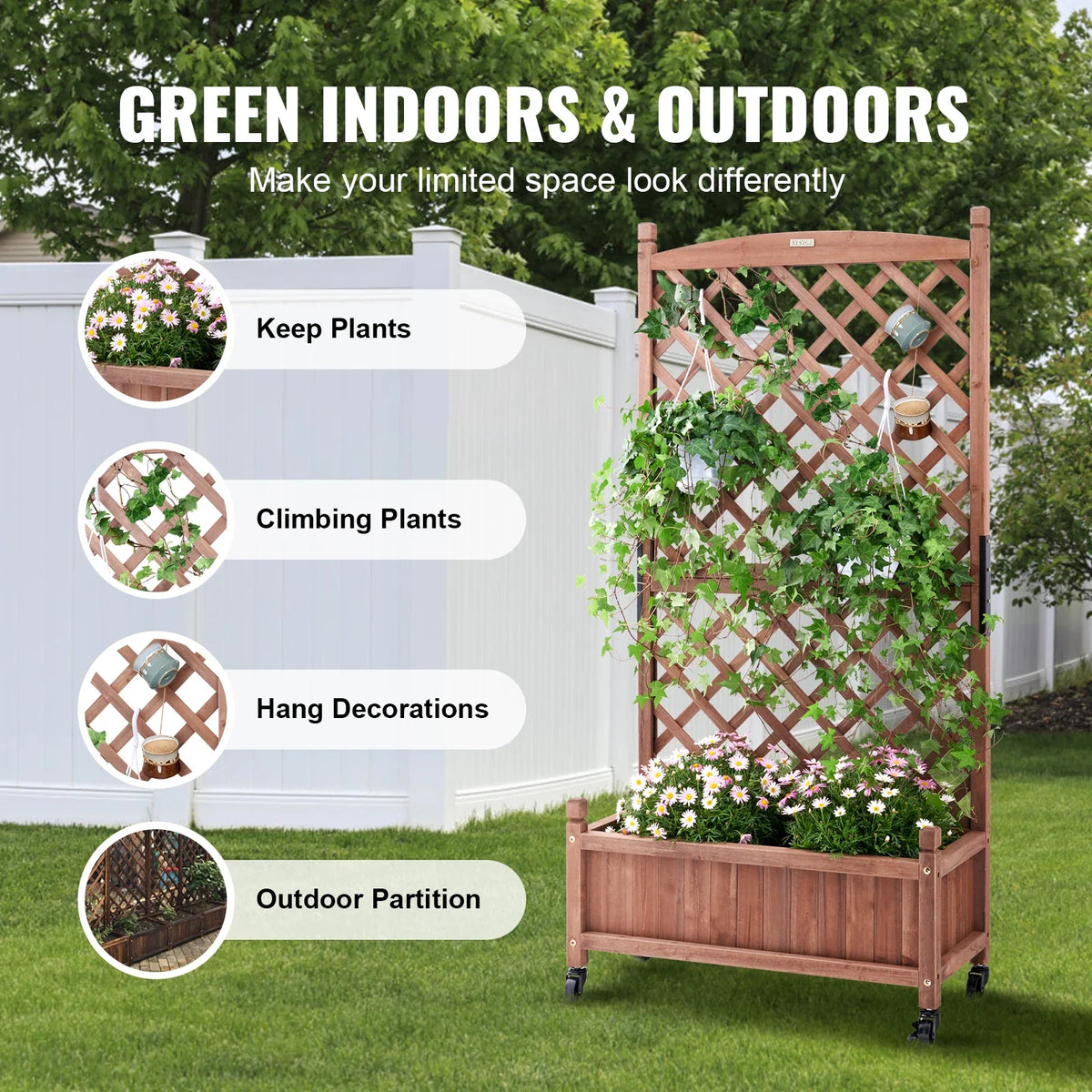 Raised Garden Bed with Trellis Outdoor Raised Wood Planters with Drainage Holes for Vine Climbing Plants Flowers in Garden
