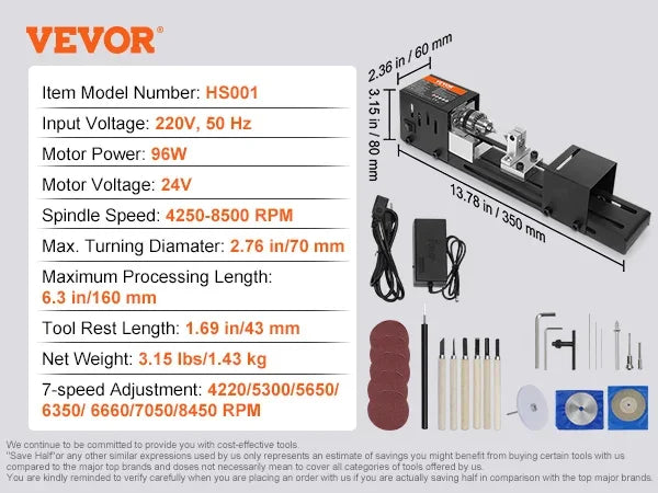 Mini Wood Lathe Machine 2.76in x 6.3in 24VDC 96W Machine Accessories, 7 Speed s for DIY Woodworking Wood Drill Rotary Tool