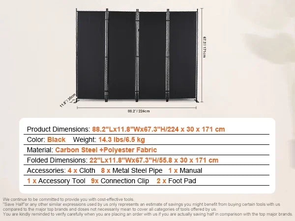 4/3/1 Panel Room Dividers Adjustable In Size & Height Freestanding & Foldable Privacy Screen Partition for Office Home
