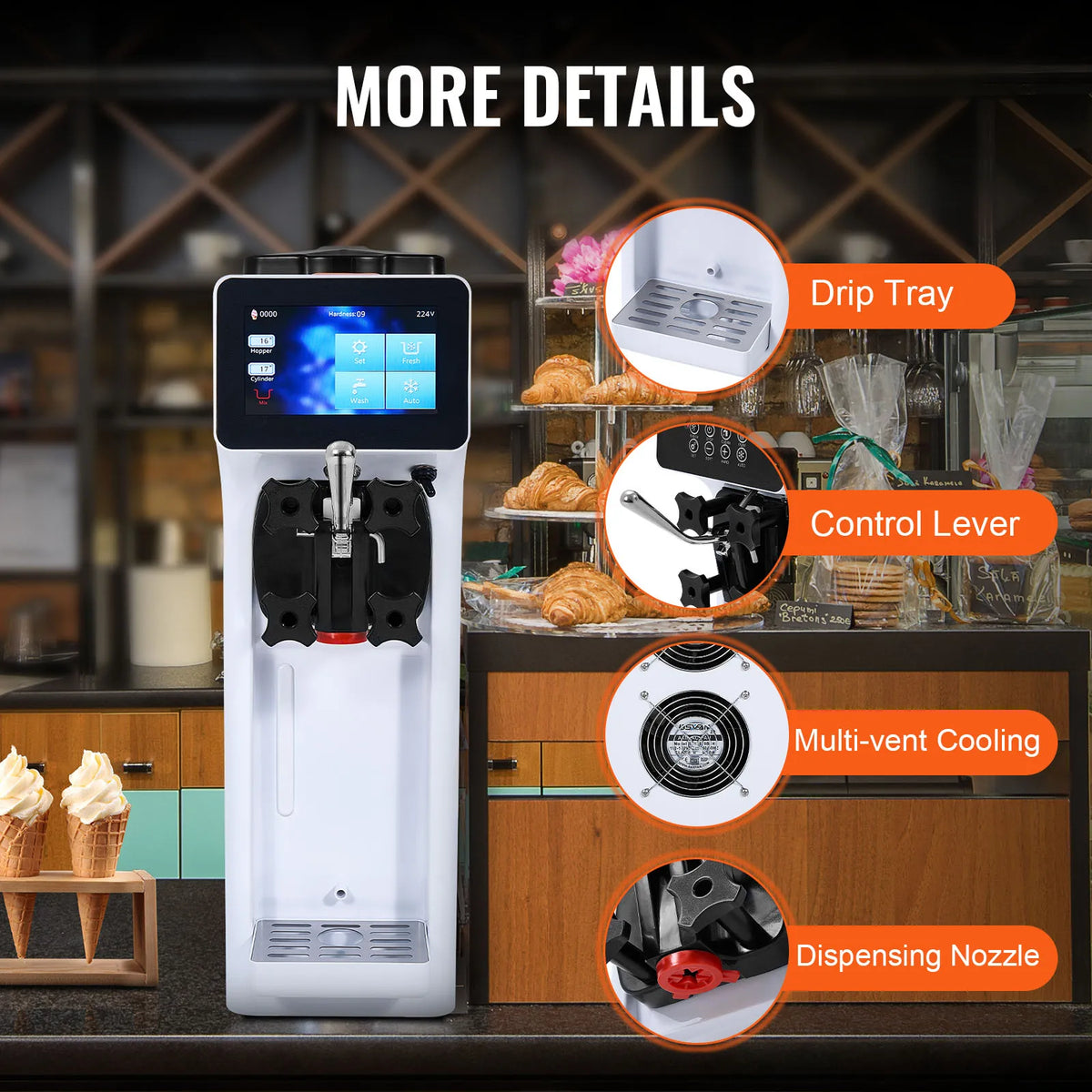 Commercial Ice Cream Maker, 10-20L/H Yield, 1000W Countertop Soft Serve Machine w/ 4.5L Hopper 1.6L Cylinder Touch Screen