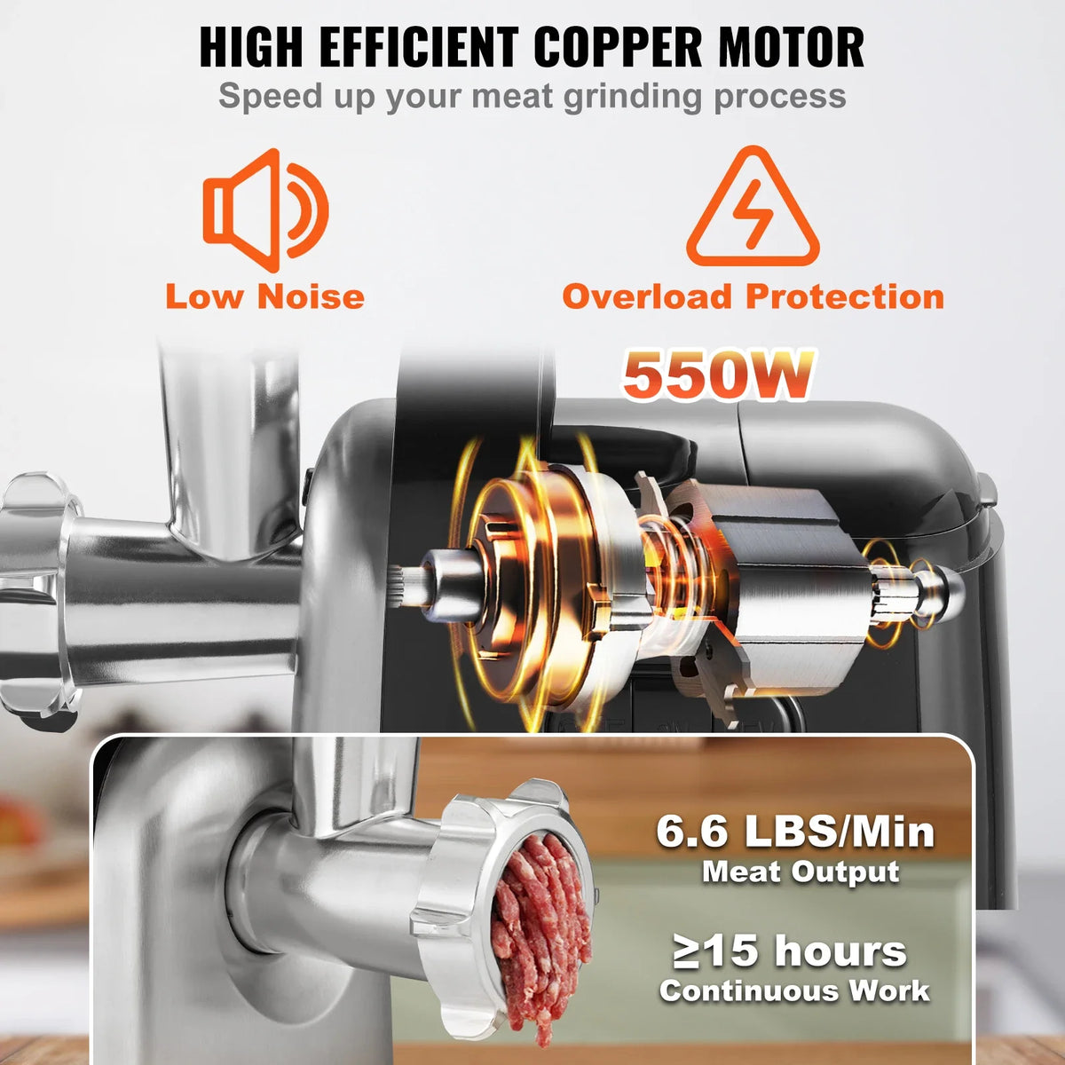 550W 6.6 Lb/Min Electric Meat Grinder with 2 Blade 3 Grinding Plates Sausage Maker & Kubbe Kit ABS + Stainless Steel