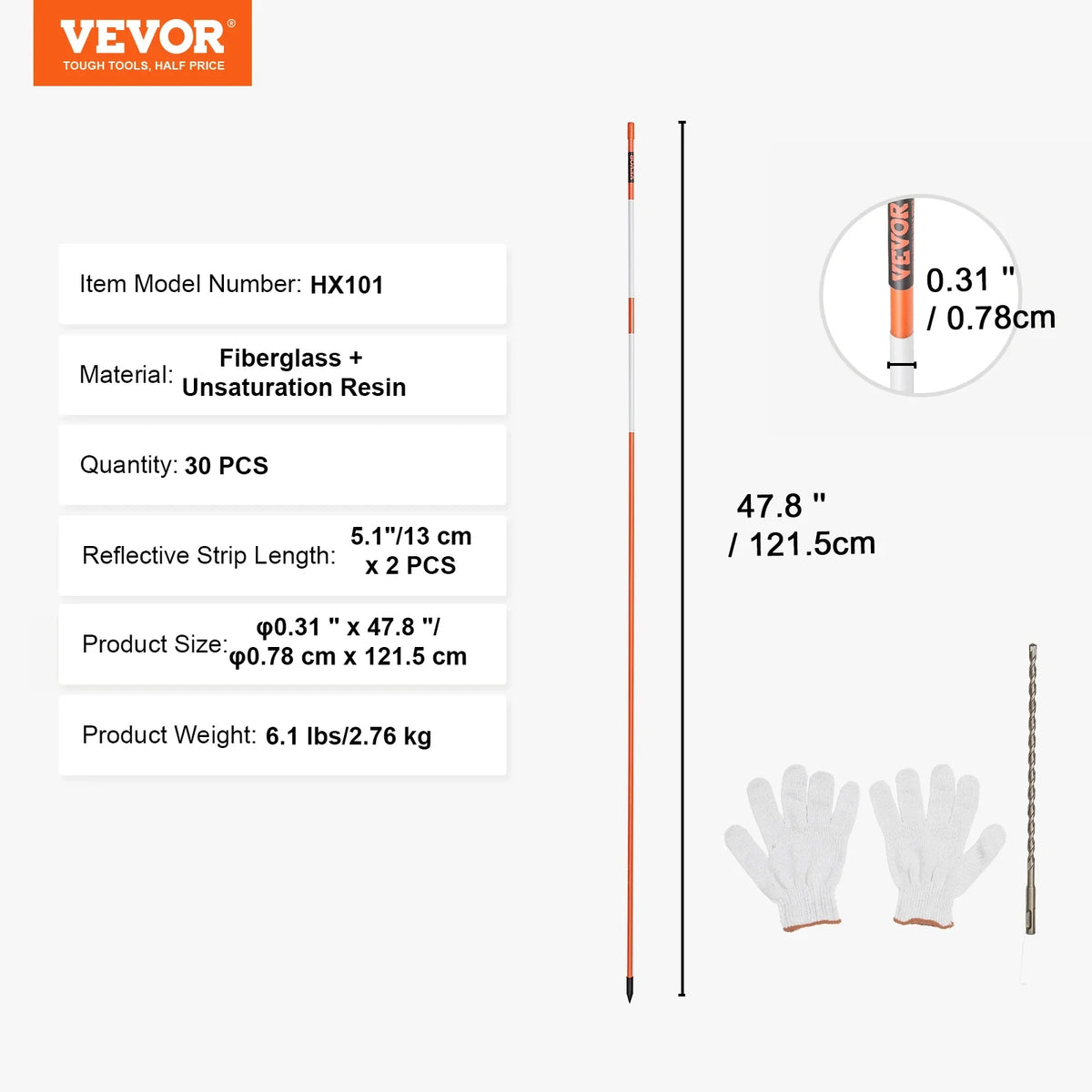 Driveway Markers Orange Fiberglass Reflective Poles Easy Visibility Snow Stakes Safty Stand Poles for Parking Lots Walkway
