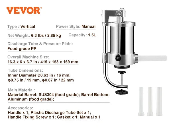 1.5/3L Capacity Vertical Sausage Stuffer Food Filling Processors with 3 Stuffing Tubes Kitchen Accessories Home Appliance