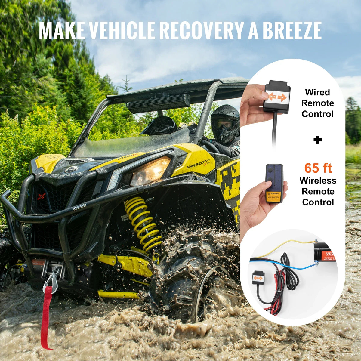 Electric Winch, 4000lbs 12V DC ATV/UTV Winch w/ 39ft 7 Strands Steel Cable Roller Fairlead Wireless & Wired Remote Control