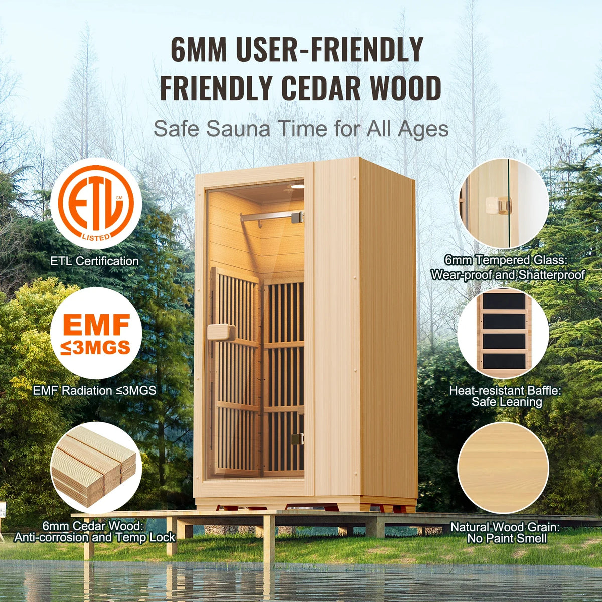 Far Infrared Wooden Sauna Room Low EMF Wood Sauna with LED Lamp & Bluetooth 1400W Indoor Use Sauna Spa for Single Person